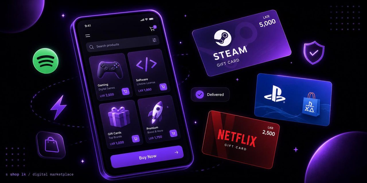 Digital marketplace showcase with games, software licenses and gift cards